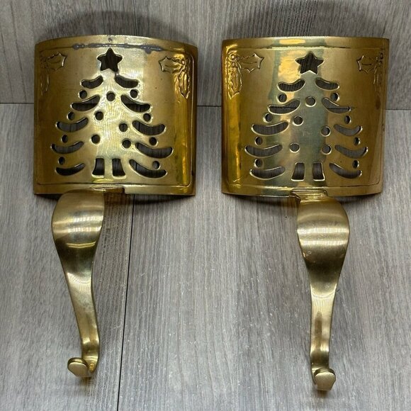 Unbranded Other - Vintage Pair Metal Brass Tree Christmas Stocking Hanger Hook Holiday Decor Gold